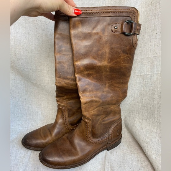 Frye Paige Trapunto Brown Leather Tall Riding Boot Size 7.5 - Picture 1 of 11